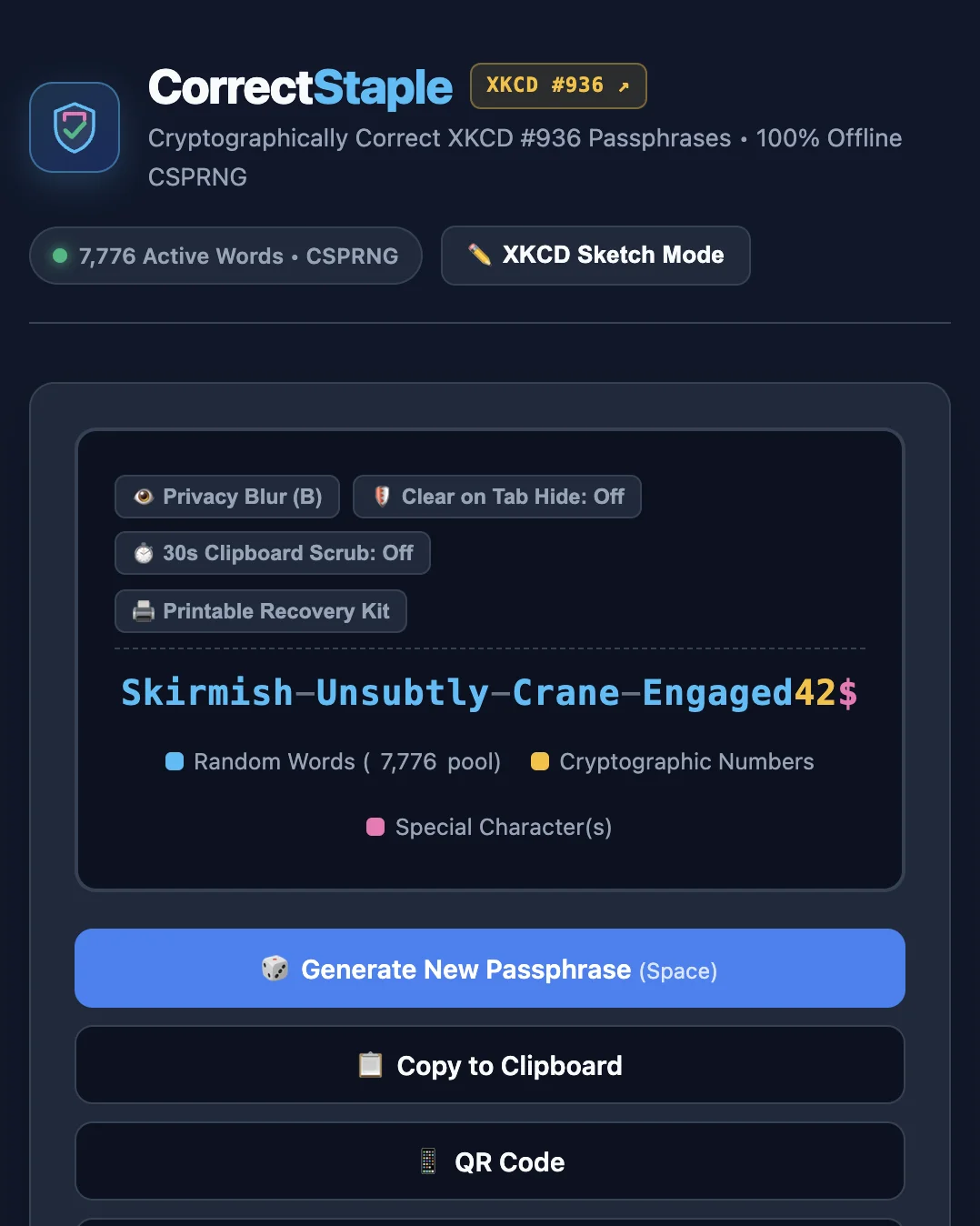 CorrectStaple passphrase generator in dark tech mode